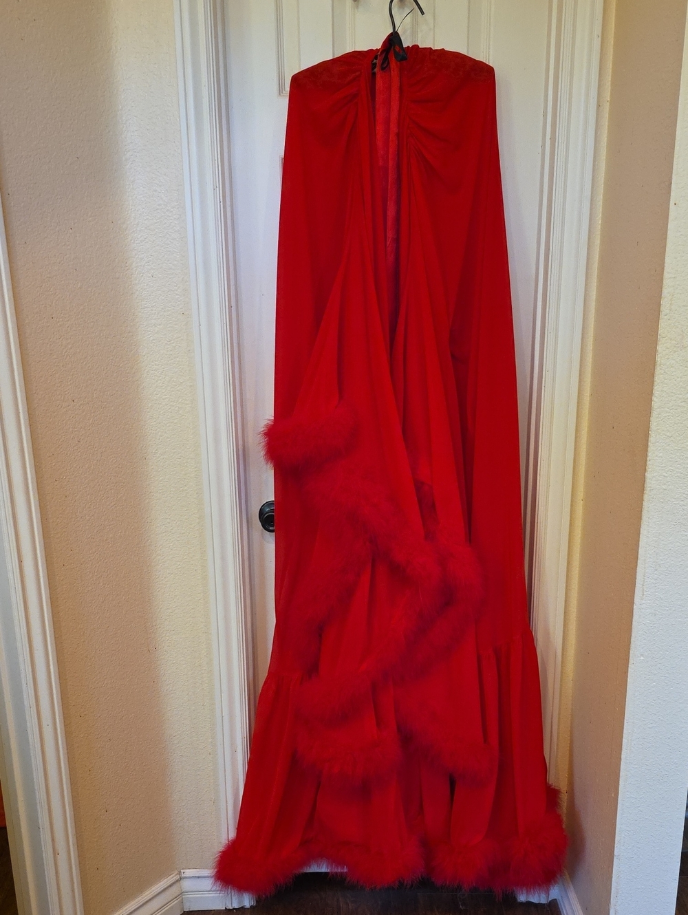 Red Plush Trim Long Robe with Matching Fan